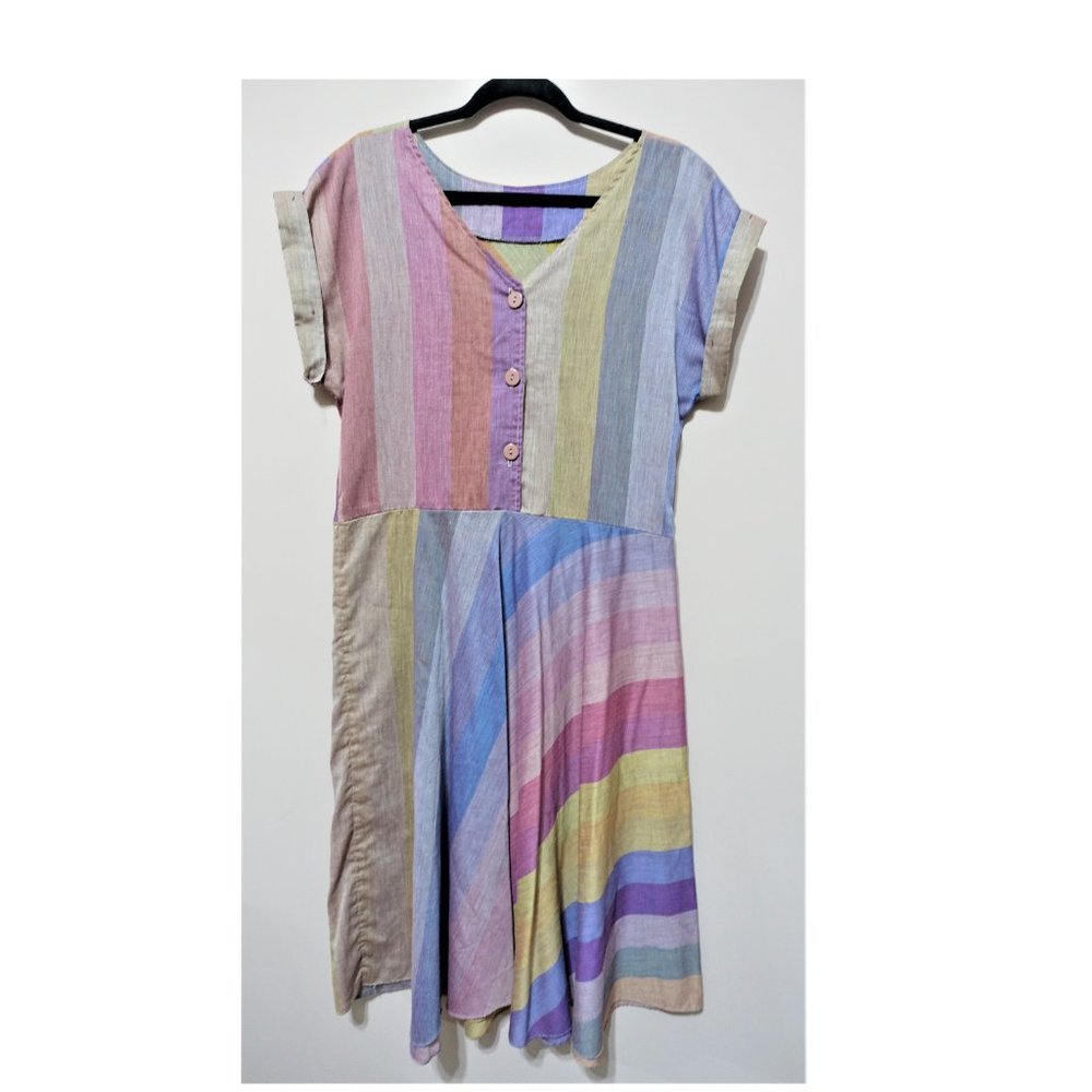 Vintage Pastel Colors Silk V Neck Button Front A Line Dress for Women Size XL US